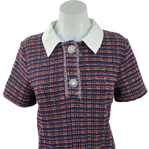 Zara Purple Tweed Multicolor Striped Short Sleeve Shift Polo Mini Dress Size L - Picture 3 of 5